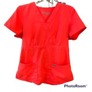 Grey’s Anatomy Bright Orange V Neck Scrub Top Adjustable Side Button Tabs Sz M